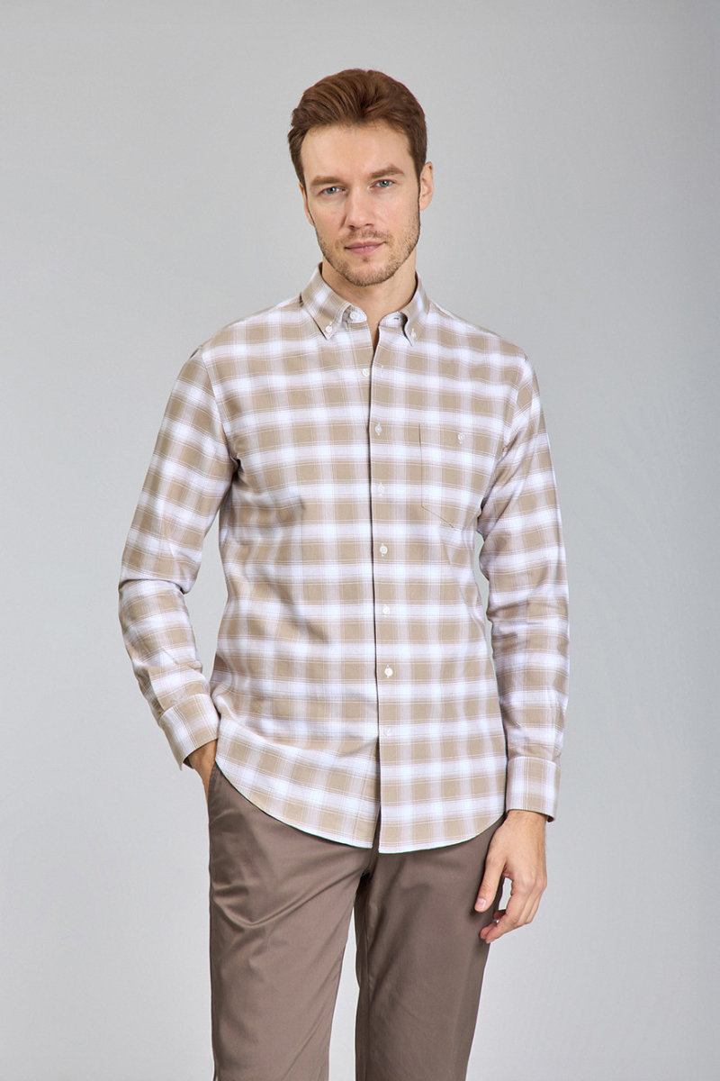 Modern Fit Yarım İtalyan Düğmeli Yaka Bej Spor Erkek Gömlek