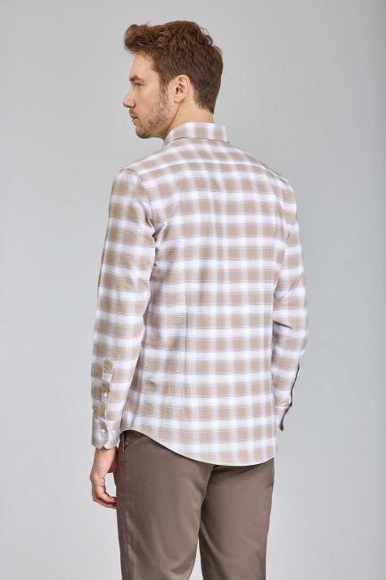 Modern Fit Yarım İtalyan Düğmeli Yaka Bej Spor Erkek Gömlek - 6