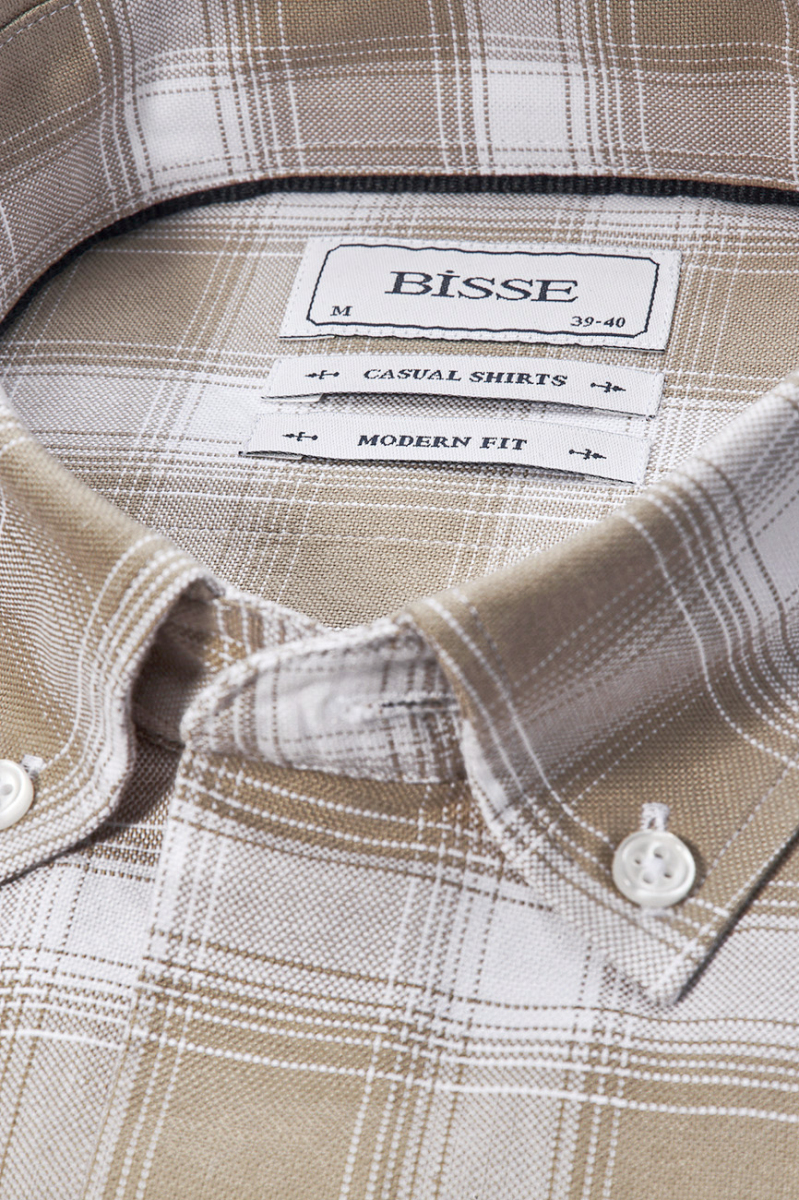 Modern Fit Yarım İtalyan Düğmeli Yaka Bej Spor Erkek Gömlek - 4