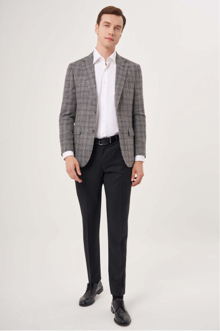 Mono Yaka 6 Drop Çift Yırtmaçlı Antrasit Erkek Yün Ceket - 5