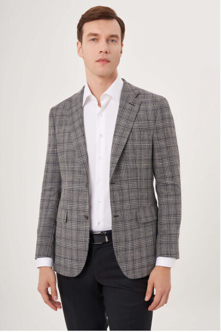 Mono Yaka 6 Drop Çift Yırtmaçlı Antrasit Erkek Yün Ceket - 1