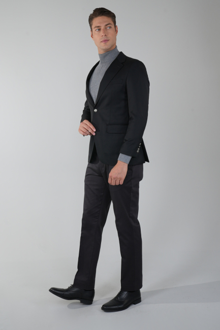Mono Yaka Drop 4 Siyah Blazer Erkek Yün Ceket - 5