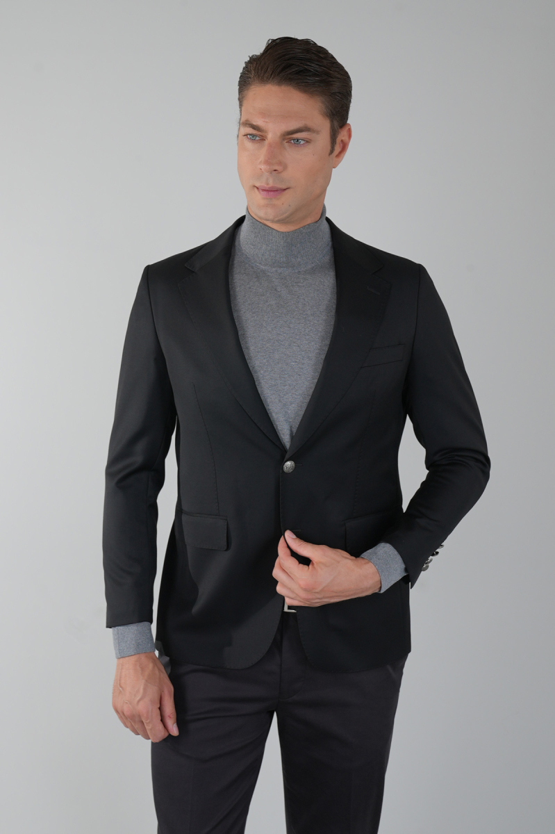Mono Yaka Drop 4 Siyah Blazer Erkek Yün Ceket