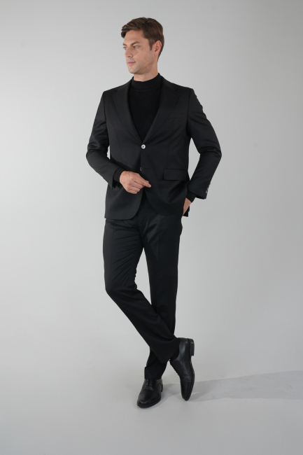 Mono Yaka Drop 4 Siyah Erkek Yün Takım Elbise - 1