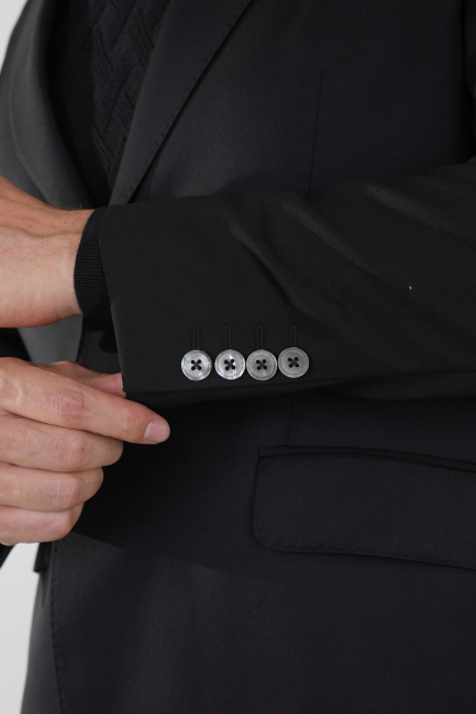 Mono Yaka Drop 4 Siyah Erkek Yün Takım Elbise - 4