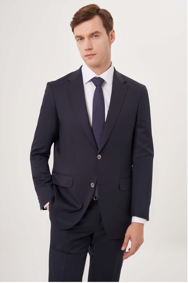 Mono Yaka Drop 6 Çift Yırtmaçlı Lacivert Erkek Yün Blazer Ceket