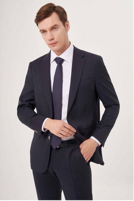 Mono Yaka Drop 6 Çift Yırtmaçlı Lacivert Erkek Yün Blazer Ceket - 3