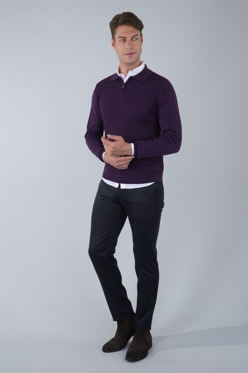 Mürdüm Polo Yaka Fermuarlı Ön Jakar Yün Erkek Triko - 5