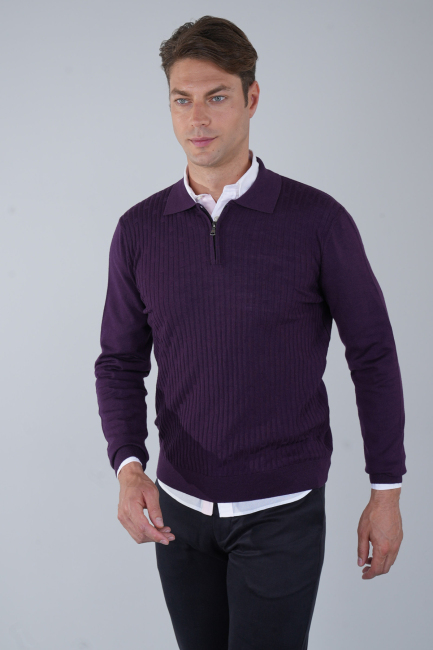 Mürdüm Polo Yaka Fermuarlı Ön Jakar Yün Erkek Triko 