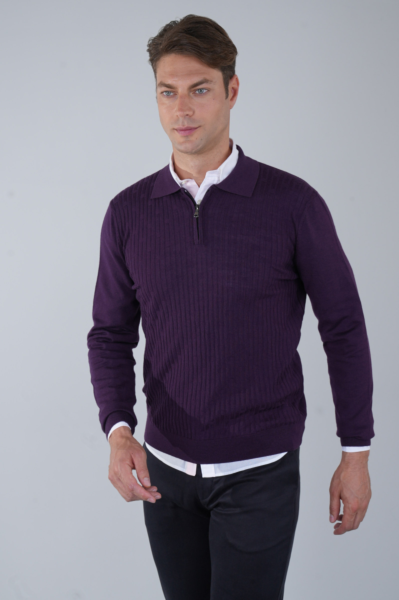 Mürdüm Polo Yaka Fermuarlı Ön Jakar Yün Erkek Triko