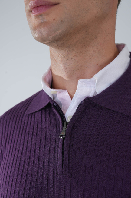 Mürdüm Polo Yaka Fermuarlı Ön Jakar Yün Erkek Triko - 3