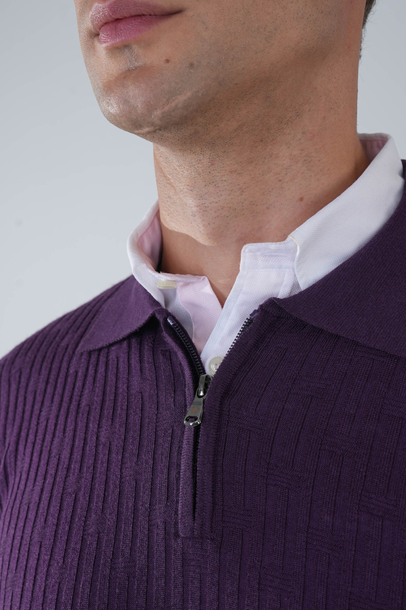 Mürdüm Polo Yaka Fermuarlı Ön Jakar Yün Erkek Triko - 3