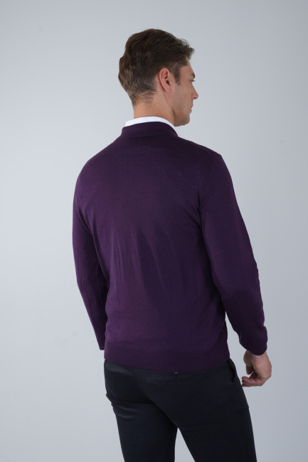 Mürdüm Polo Yaka Fermuarlı Ön Jakar Yün Erkek Triko - 2