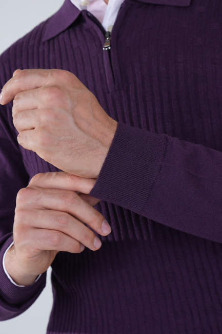 Mürdüm Polo Yaka Fermuarlı Ön Jakar Yün Erkek Triko - 4