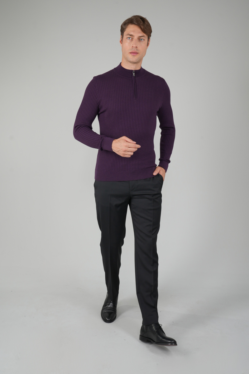 Mürdüm Yarım Balıkçı Fermuarlı Full Jakar Yün Erkek Triko - 5