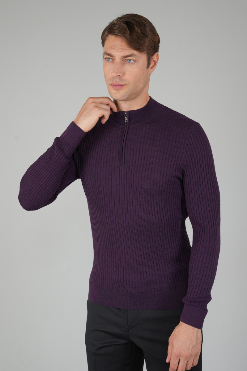 Mürdüm Yarım Balıkçı Fermuarlı Full Jakar Yün Erkek Triko