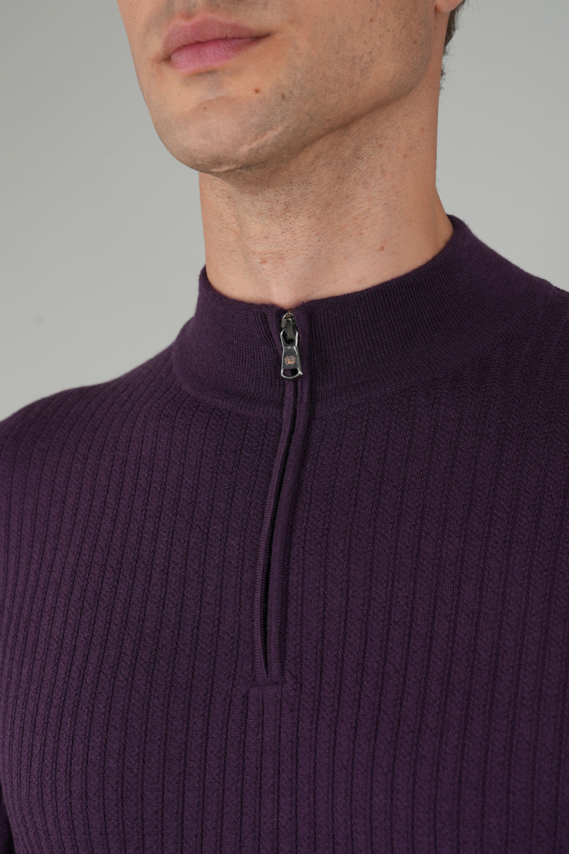 Mürdüm Yarım Balıkçı Fermuarlı Full Jakar Yün Erkek Triko - 3