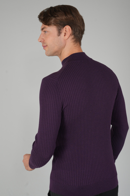 Mürdüm Yarım Balıkçı Fermuarlı Full Jakar Yün Erkek Triko - 2