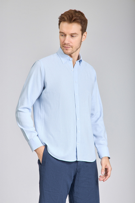 Regular Fit Uzun Kollu Mavi Erkek Gömlek - 5