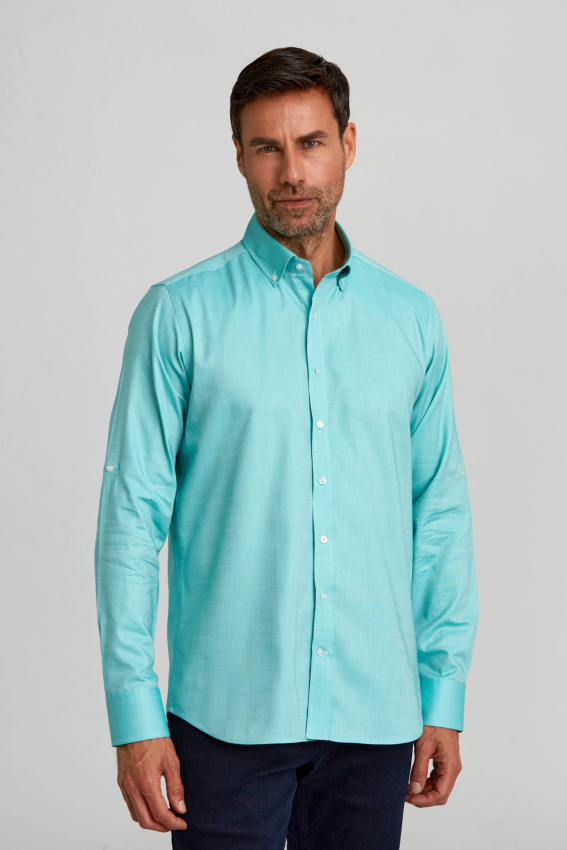 Regular Fit Paşa Yaka Düğmeli Haki Erkek Gömlek - 1