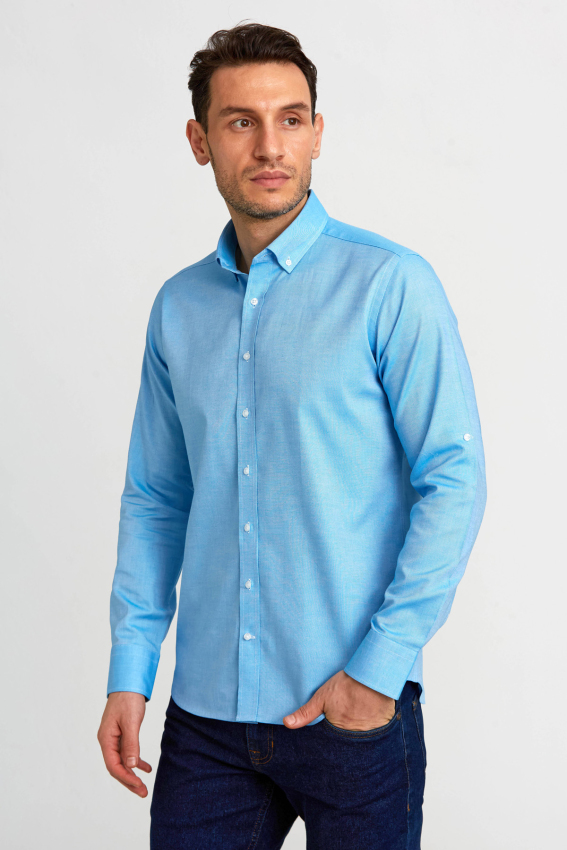 Regular Fit Paşa Yaka Düğmeli Koyu Mavi Erkek Gömlek - 5
