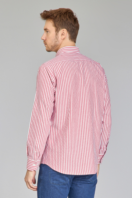 Regular Fit Paşa Yaka Çizgili Kırmızı Erkek Gömlek - 6