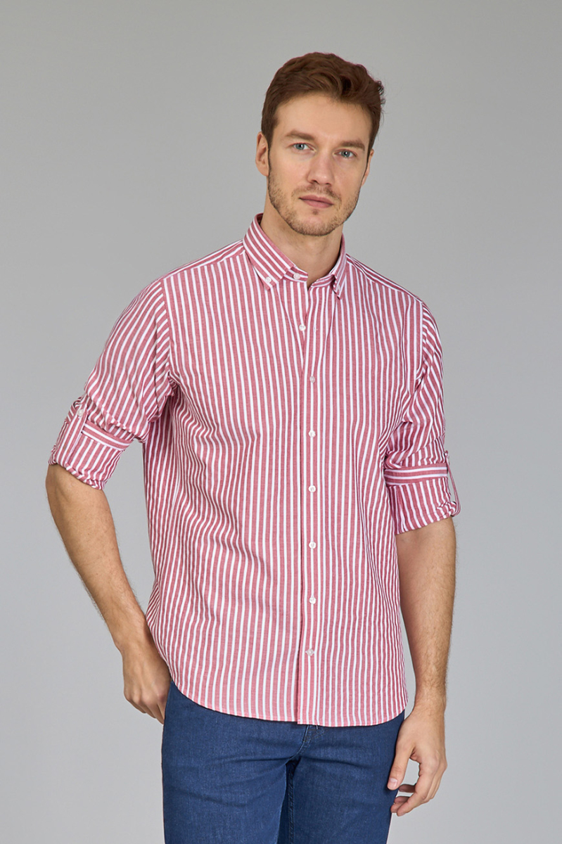 Regular Fit Paşa Yaka Çizgili Kırmızı Erkek Gömlek - 1
