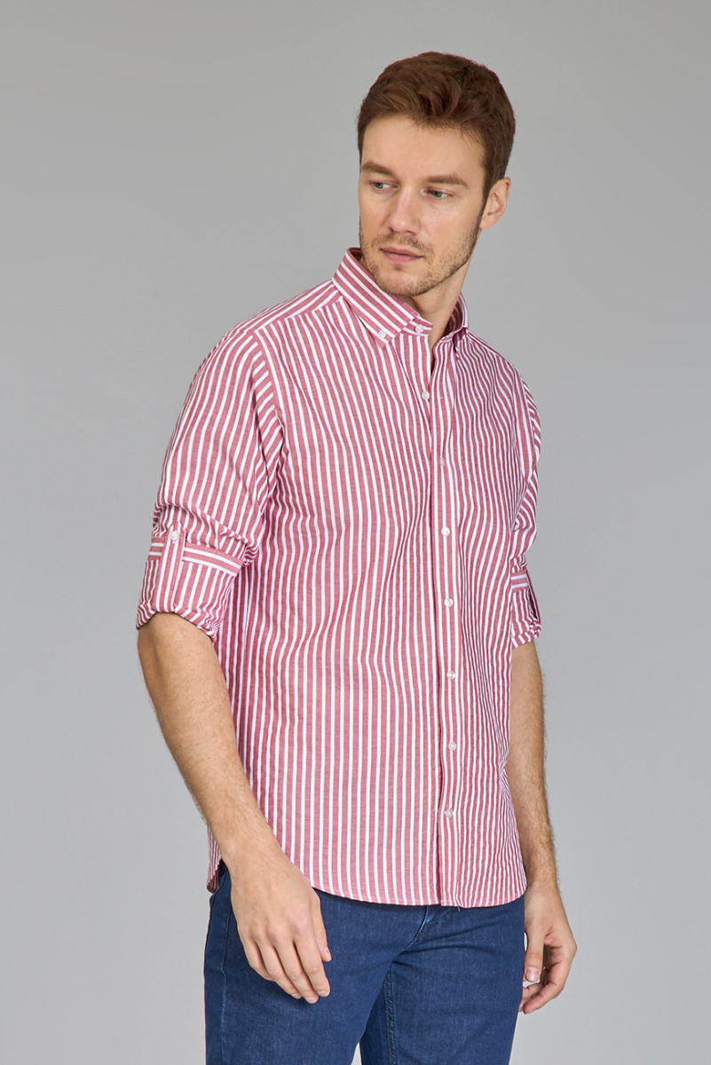 Regular Fit Paşa Yaka Çizgili Kırmızı Erkek Gömlek - 2