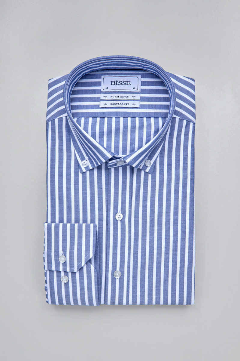  Regular Fit Paşa Yaka Çizgili Mavi Erkek Gömlek - 3