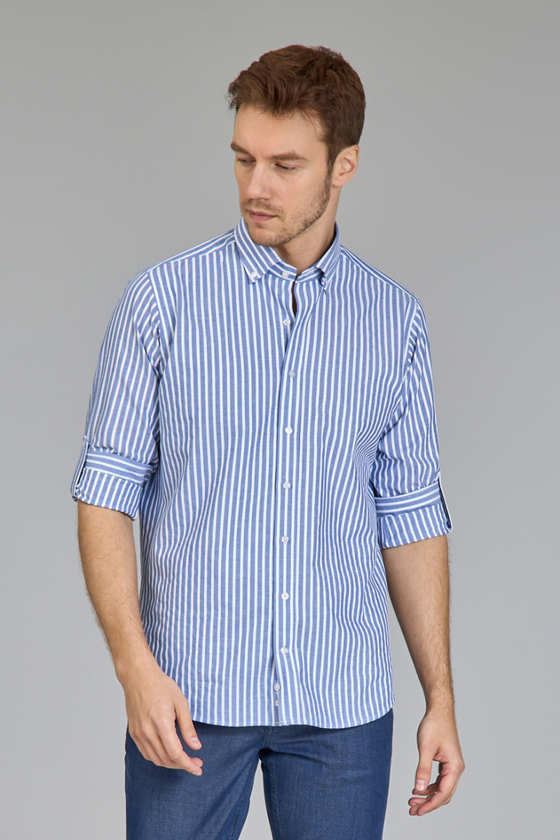  Regular Fit Paşa Yaka Çizgili Mavi Erkek Gömlek - 2