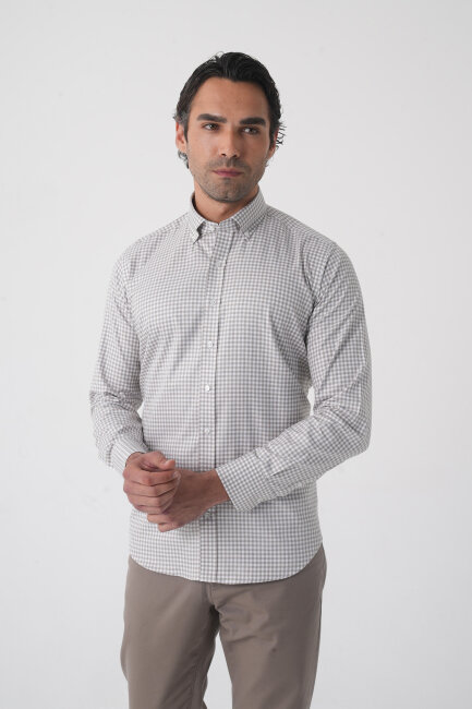 Regular Fit Paşa Yaka Pamuk Gri Erkek Gömlek - 2
