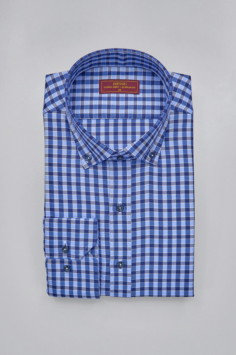 Regular Fit Paşa Yaka Kare Desenli Lacivert Erkek Gömlek - 3