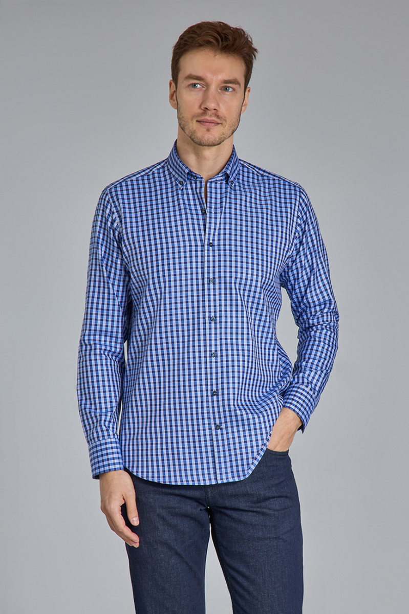 Regular Fit Paşa Yaka Kare Desenli Lacivert Erkek Gömlek - 5