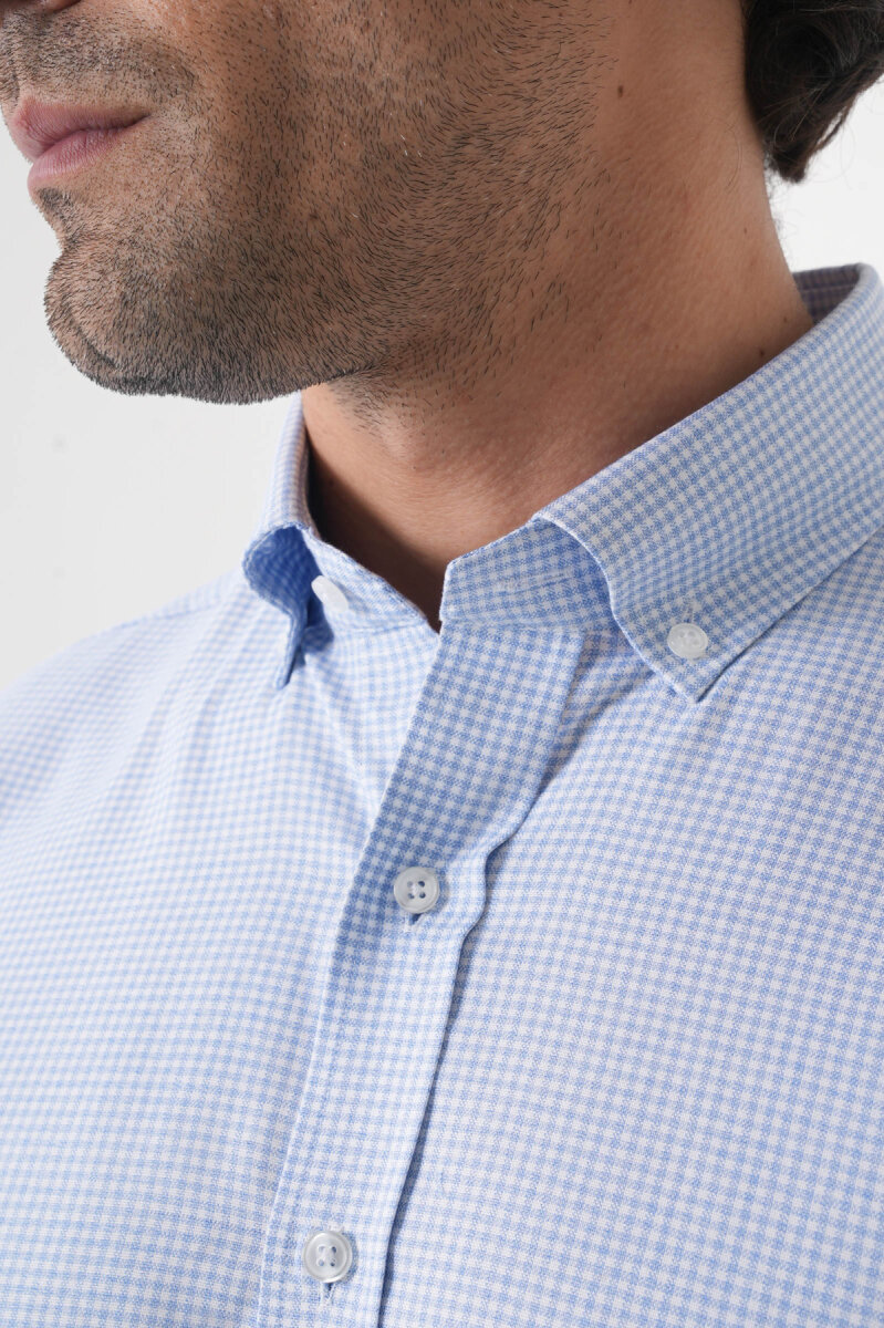 Regular Fit Paşa Yaka Pamuk Mavi Erkek Gömlek - 6