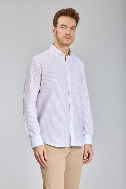 Regular Fit Paşa Yaka Bej Erkek Gömlek - 5