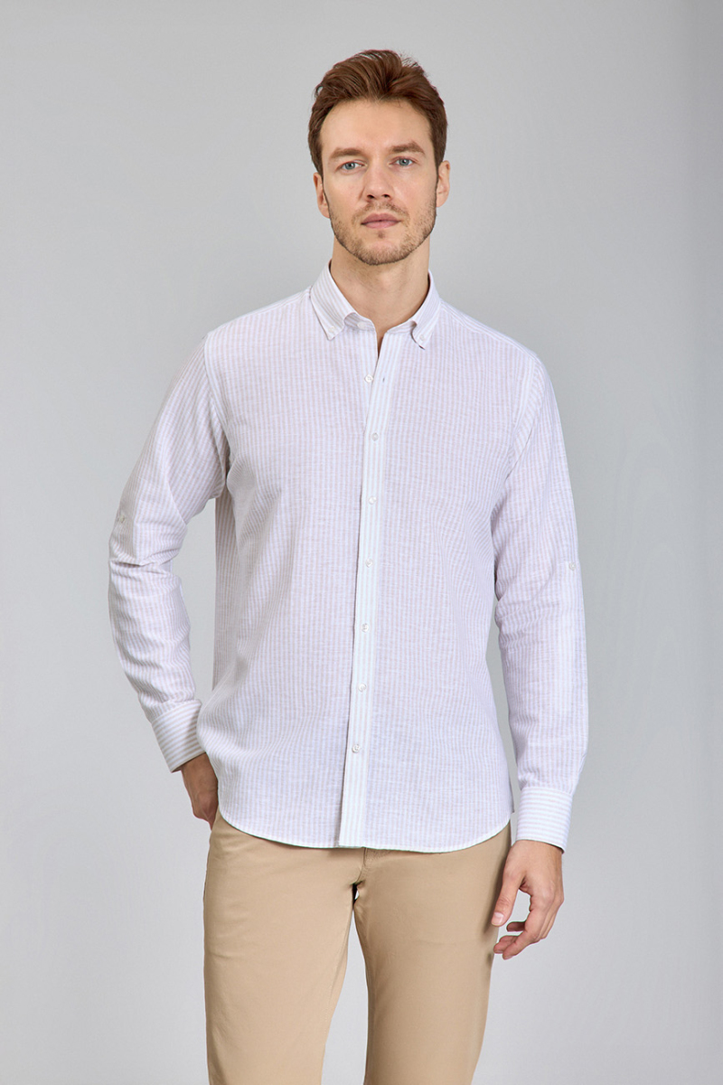 Regular Fit Paşa Yaka Bej Erkek Gömlek - 1