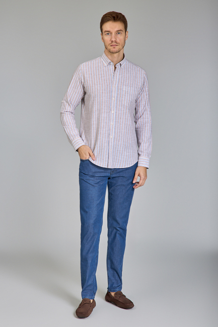 Regular Fit Paşa Yaka Çizgili Kahve Erkek Gömlek - 5