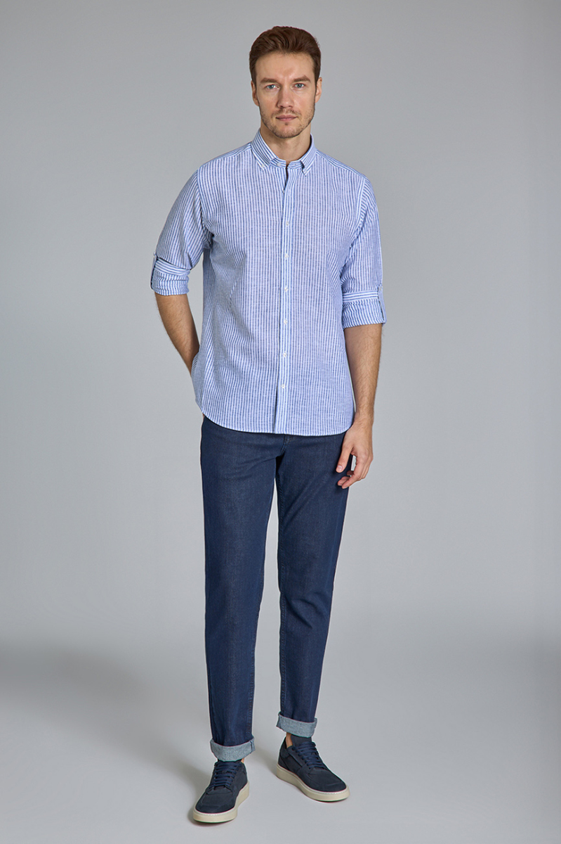 Regular Fit Paşa Yaka Lacivert Erkek Gömlek - 2