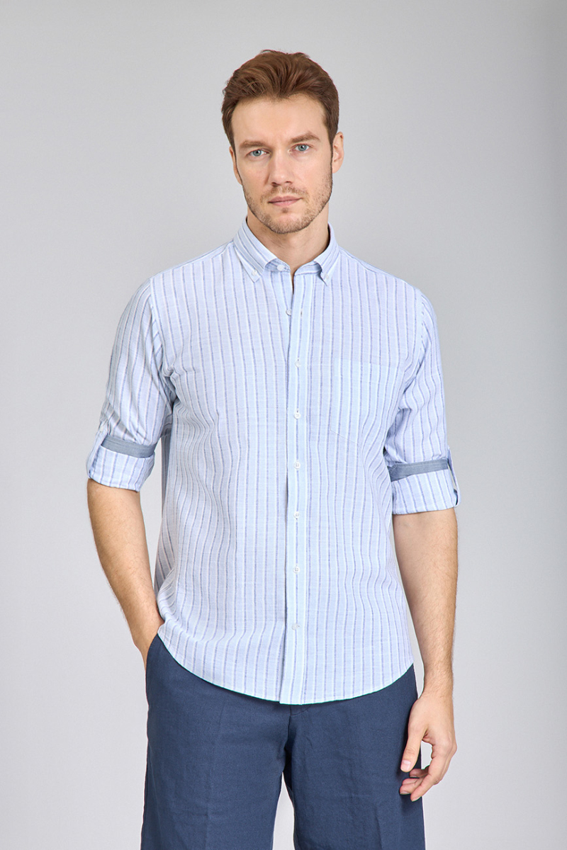 Regular Fit Paşa Yaka Çizgili Açık Mavi Erkek Gömlek - 1