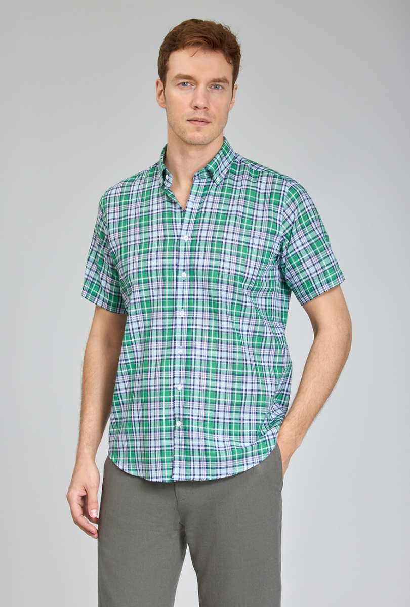 Regular Fit Paşa Yaka Yeşil Desenli Erkek Gömlek - 3