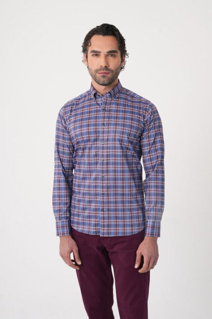 Regular Fit Paşa Yaka Pamuk Bordo Erkek Gömlek