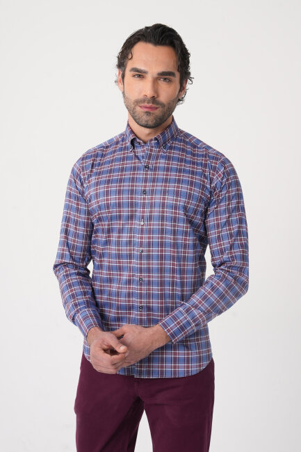 Regular Fit Paşa Yaka Pamuk Bordo Erkek Gömlek (1)