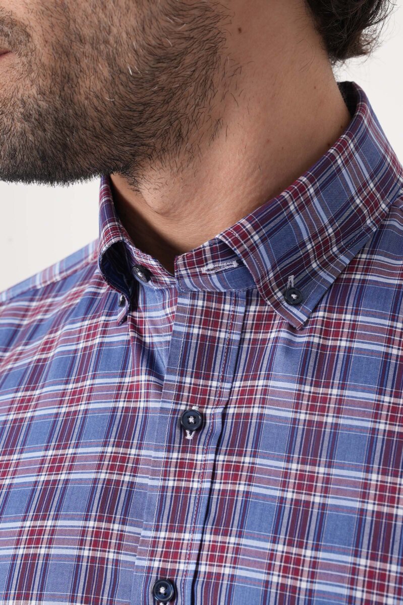 Regular Fit Paşa Yaka Pamuk Bordo Erkek Gömlek - 5