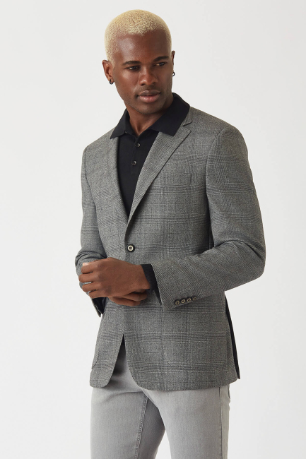 Erkek Modern Fit Mono Yaka 2 Düğme Çift Yırtmaçlı Ceket Antrasıt - 1