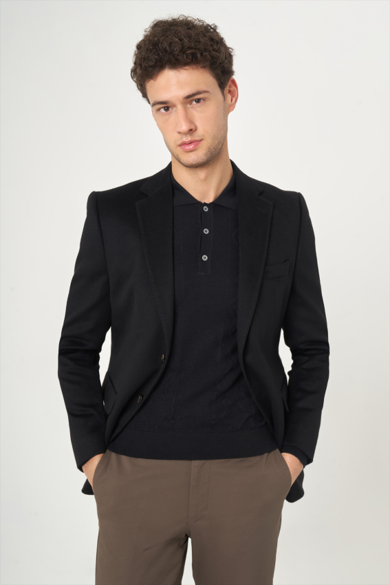 Erkek Modern Fit Mono Yaka 2 Düğmeli Çift Yırtmaçlı Ceket Sıyah - 3