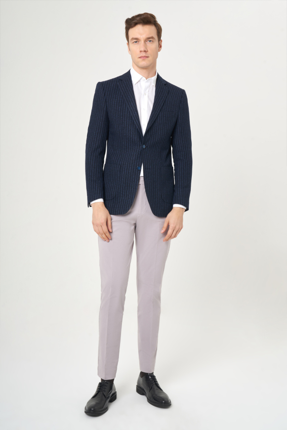 Slim Fit Mono Yaka Çift Yırtmaçlı 2 Düğmeli Lacivert Erkek Ceket - 5