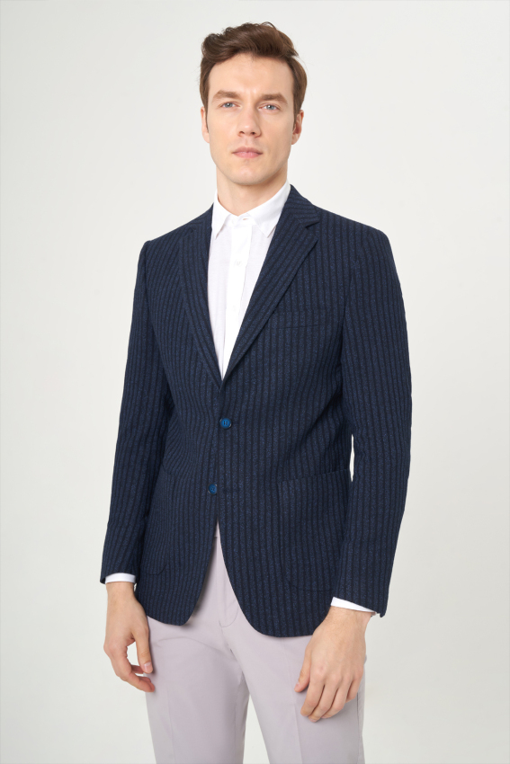 Slim Fit Mono Yaka Çift Yırtmaçlı 2 Düğmeli Lacivert Erkek Ceket - 4