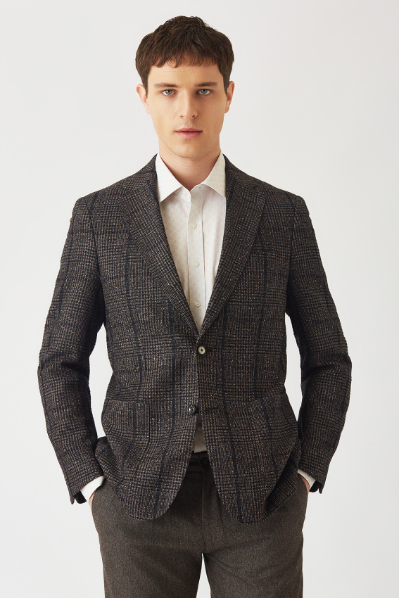 Modern Fit Mono Yaka Çift Yırtmaçlı 2 Düğmeli Kahverengi Erkek Ceket - 1