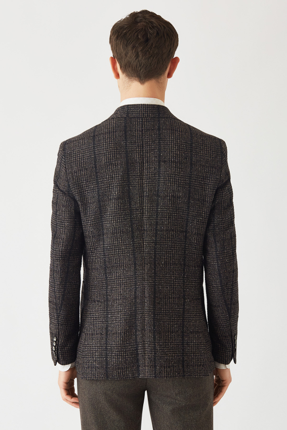 Modern Fit Mono Yaka Çift Yırtmaçlı 2 Düğmeli Kahverengi Erkek Ceket - 2