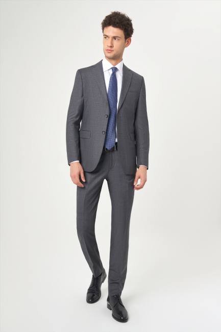 Platinum Erkek 6 Drop Mono Yaka 2 Düğmeli Çift Yırtmaçlı Yün Takım Elbise Füme - 1